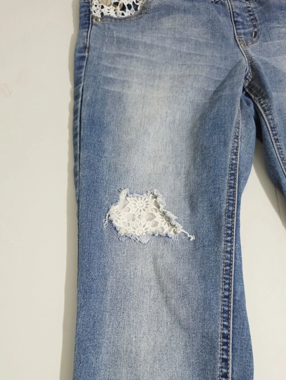 Justice Girls Size 8 Denim Overalls Lace Distressed Skinny Jeans Adjustable